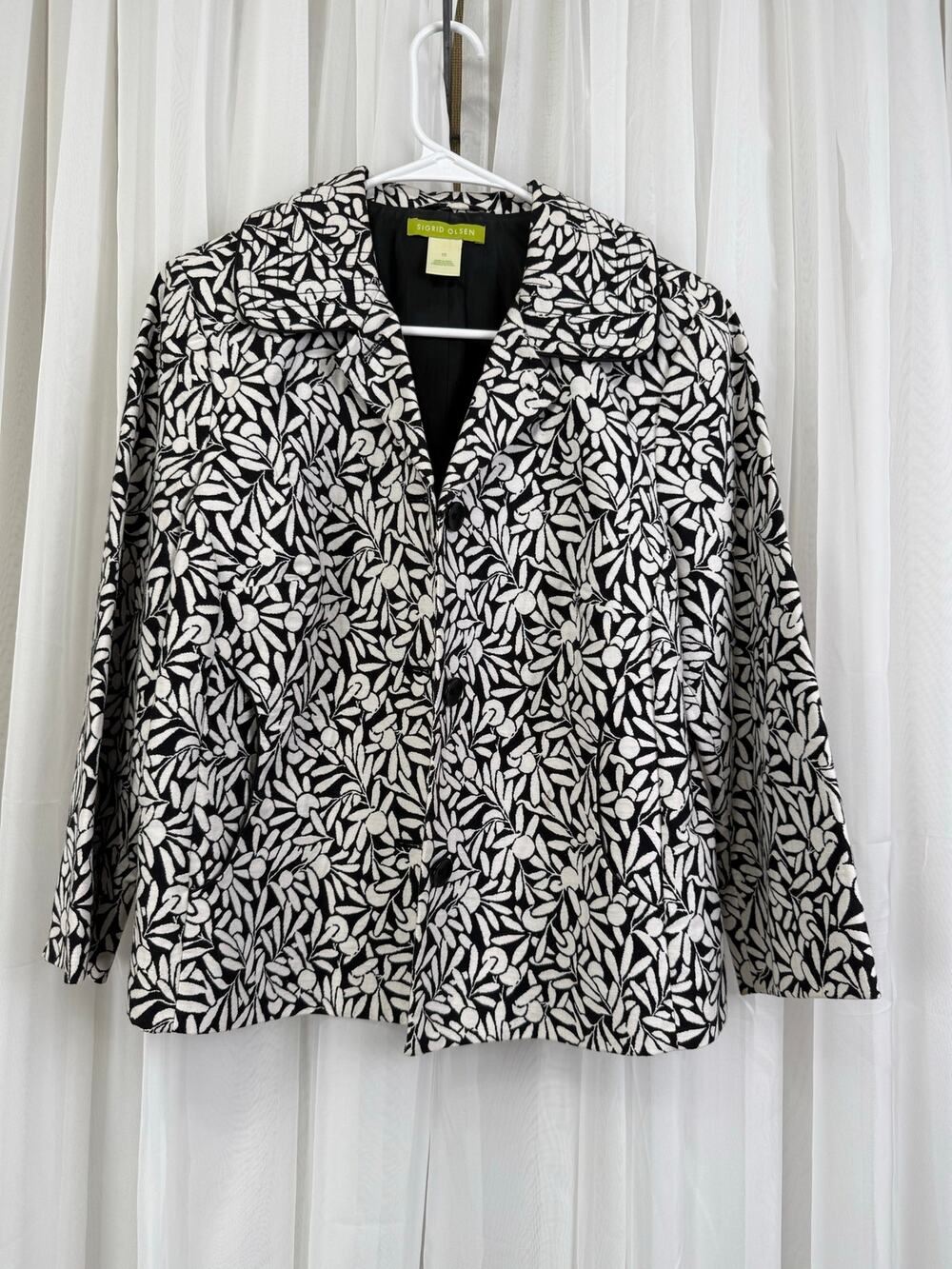 Sigrid Olsen Black & White Floral Lined Jacket Women’s Size 10 Button Front